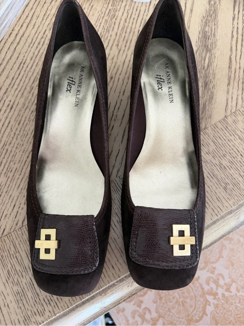 Anne Klein Dark Brown Suede Loafers with Gold Hardware